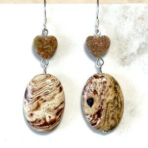 2/$20,Earthy Jasper Unakite Stone Heart Earrings,Gemstone & Sterling Silver Hook